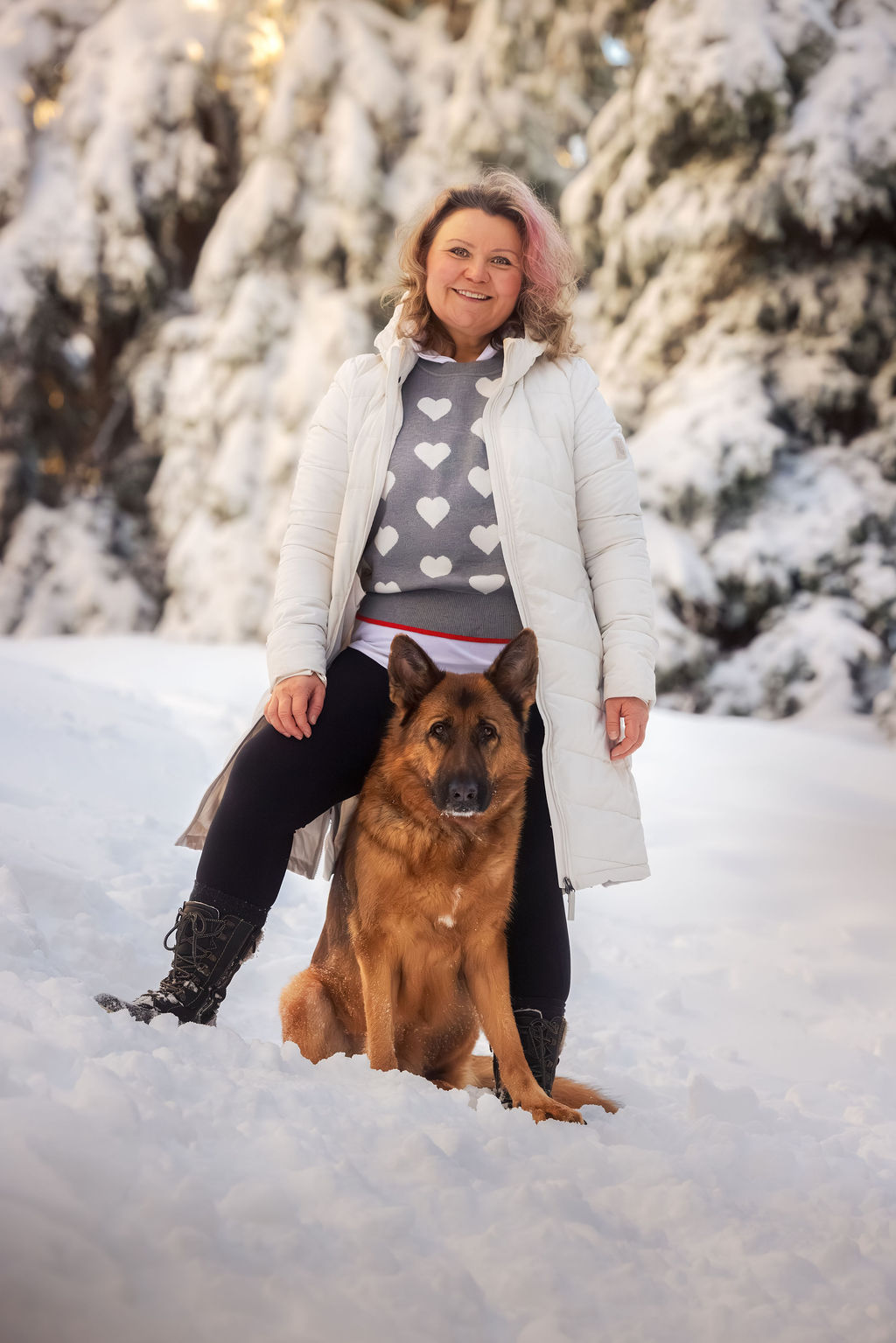 Family moment with a dog outdoors