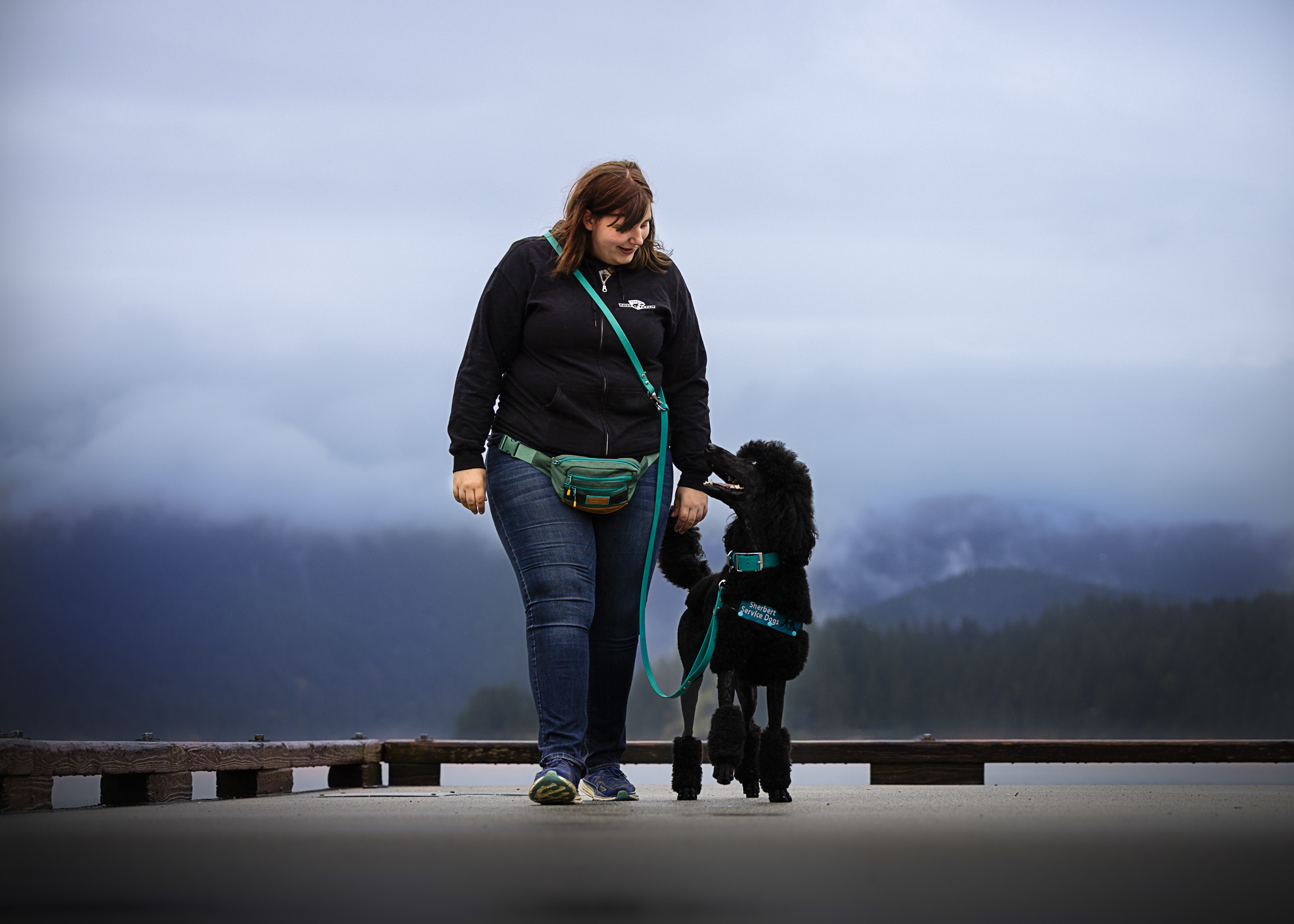 Sherbert Service Dog trainer walking with black poodle Albert